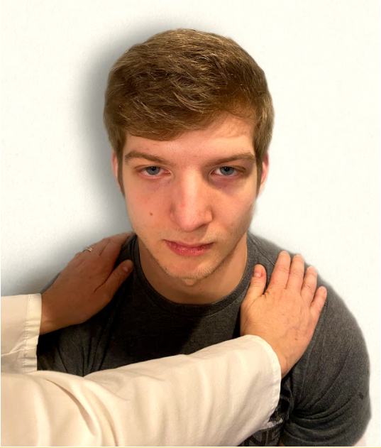 "Neuro Exam image 10" by Meredith Pomietlo for Chippewa Valley Technical College is licensed under CC BY 4.0 Image showing nurse's hands on a simulated patient shoulders to assess the cranial nerve XI