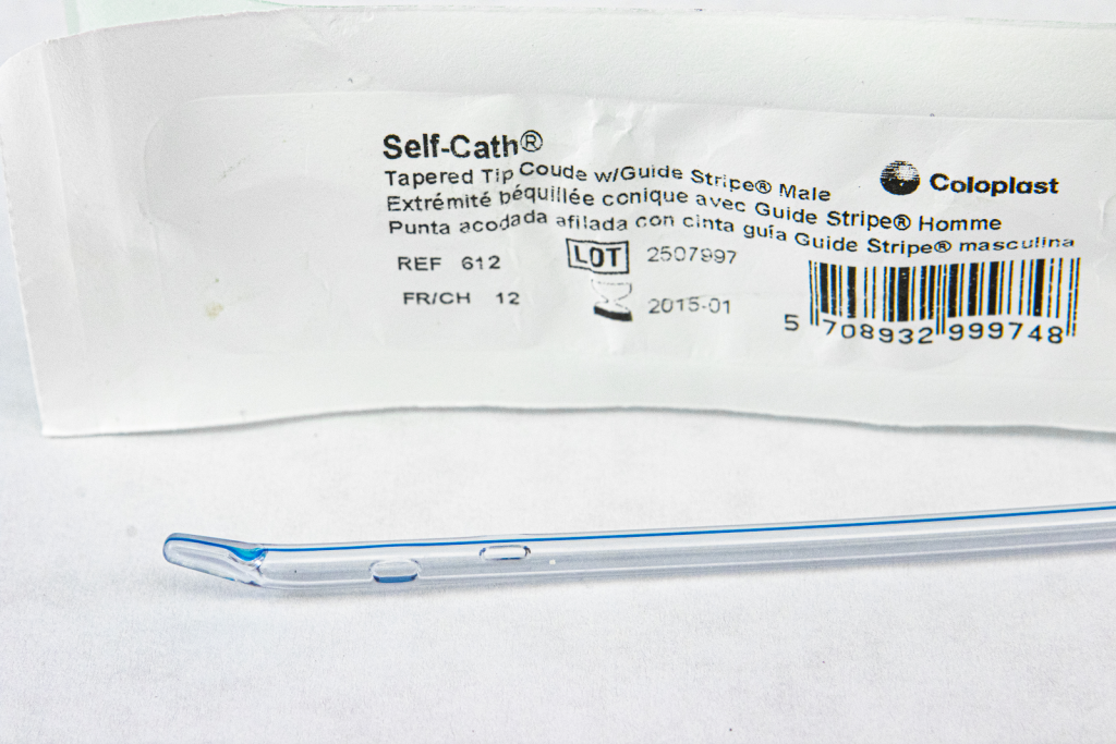 ”Self Cath_3I3A0676.jpg” by Deanna Hoyord, Chippewa Valley Technical College is licensed under CC BY 4.0 Photo showing closeup of a coude tipped catheter