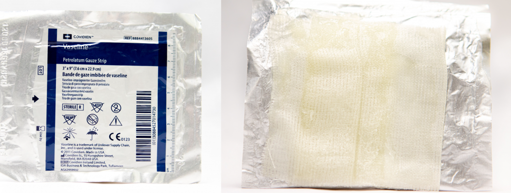 (7) Vaseline Gauze Package -1 3I3A0296.jpg" and "Vaseline Gauze Dressing 3I3A0299" by Deanna Hoyord, Chippewa Valley Technical College is licensed under CC BY 4.0 Photo showing petroleum gauze and packaging