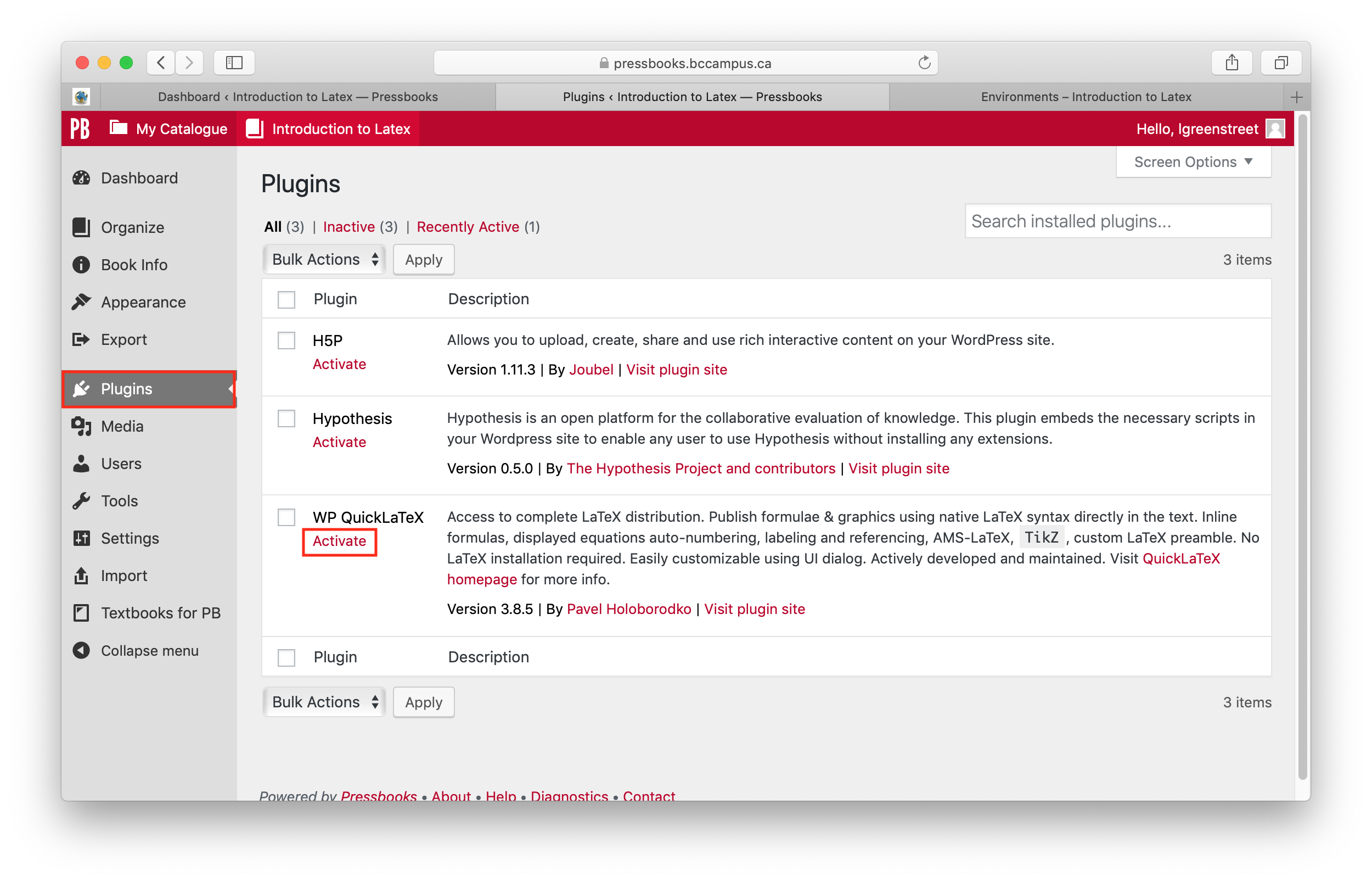 Screenshot of how to activate QuickLatex plugin.