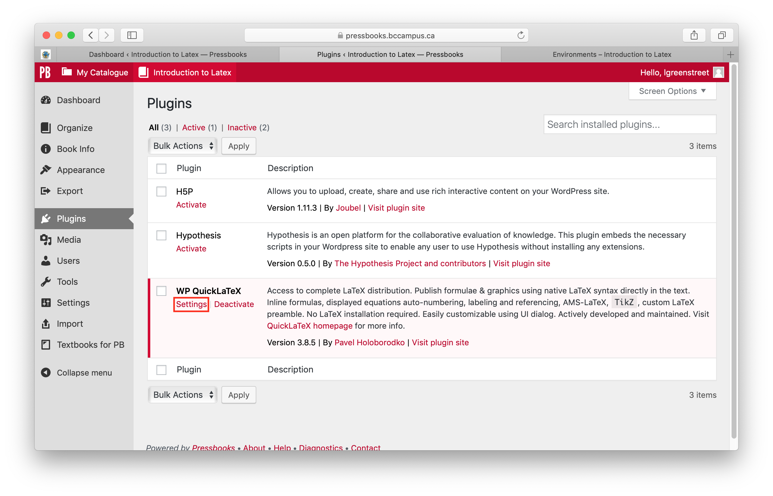 Screenshot of choosing Settings for the QuickLatex plugin.