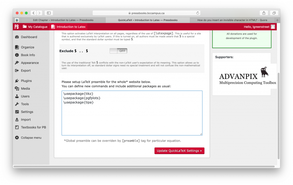 Screenshot of QuickLatex configured with the packages for plots.