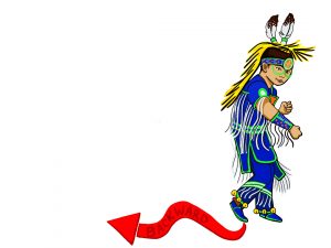 It is an image of Powwow dancer in a traditional garment. The dancer is moving backwards.