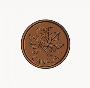 A close-up figure of a one-cent Canadian coin