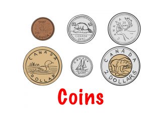 A selection of metal coins used in Canada, including 1-cent, 5-cent, 10-cent, 25-cent, 1-dollar, and 2-dollar coins.