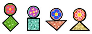 There are eight different shapes. Each has different colours and patterns on them.