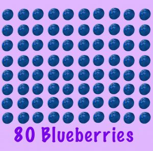 Eighty blueberries are laid on a surface. There are eight in a column and ten in a row.