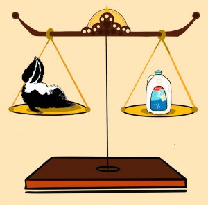 There is a scale with a skunk on the left and a bottle of milk on the right. Their weights are equal to each other.
