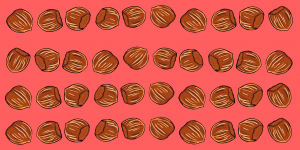 Forty hazelnuts are laid on the surface. There are ten in a row and four in a column.