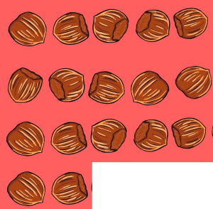 There are seven chestnuts on a red background.