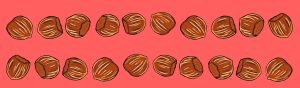 Twenty chestnuts are laid in two rows. Each row has ten chestnuts.