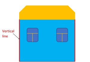 A house stands vertically on the ground. A vertical line is drawn on the left side of the house.
