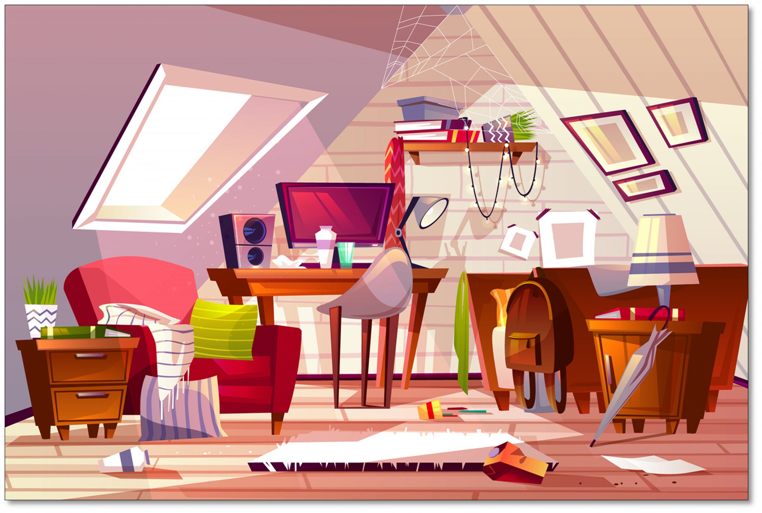 Image of messy living room with items on the floor, throw rugs, and clutter.