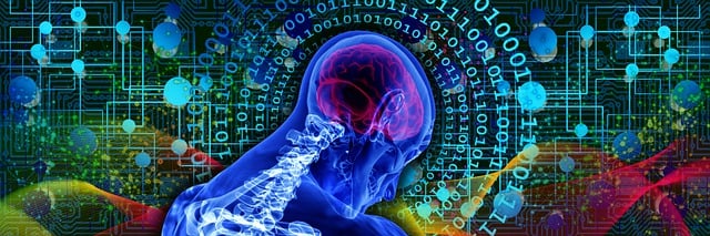 AI technology graphic with medical imaging head and neck displaying bones and brain