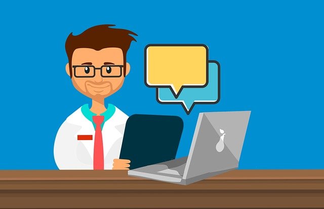 Cartoon pic of doctor with tablet and computer with virtual message bubbles