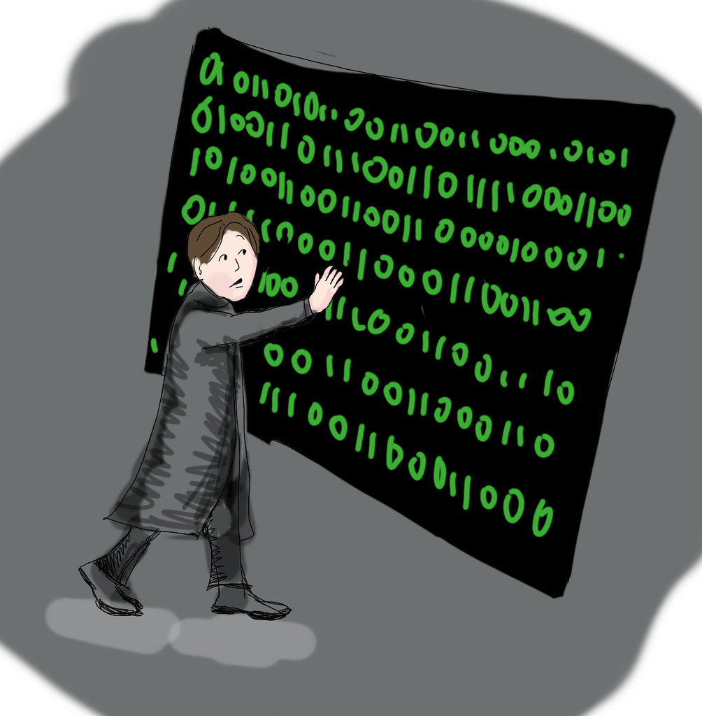 a trench-coated person reads code