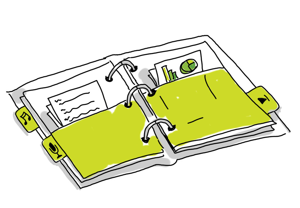 an image of a binder which hold papers, podcasts, videos and more.