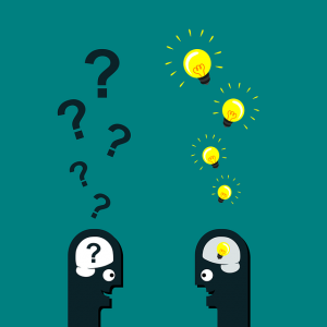 two heads, one with question marks above them while the other has light bulbs above them