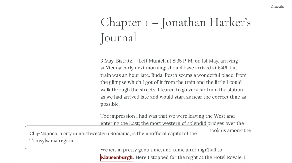 Text, showing a highlighted word with a pop-up box containing a definition