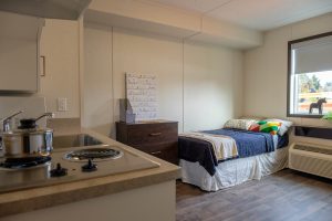 Small housing unit with bed dresser and countertop with microwave, sink and stove.