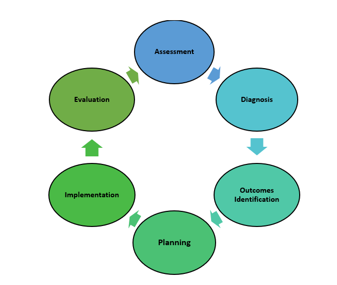 “The Nursing Process” by Kim Ernstmeyer at Chippewa Valley Technical College is licensed under CC BY 4.0 Image showing a diagram of the nursing process