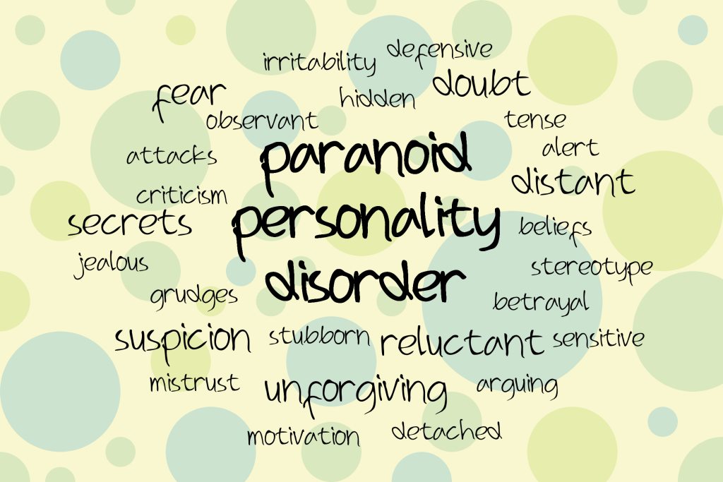 “Word_Cloud_PPD.png” by MissLunaRose12 is licensed under CC BY-SA 4.0 Image showing a word cloud based on Paranoid Personality Disorder