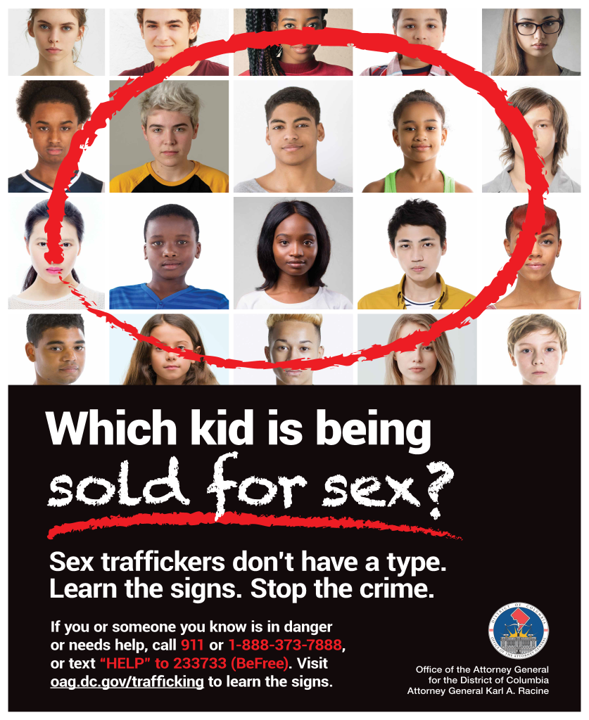 ”OAG-2020-Sex-Trafficking-Poster-English” by Office of Attorney General for the District of Columbia is in the Public Domain. Image showing a Human Trafficking Initiatives poster