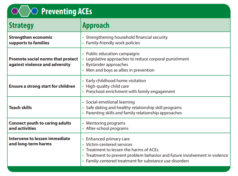 This image is derived from “Preventing Adverse Childhood Experiences (ACEs): Leveraging the Best Available Evidence” by National Center for Injury Prevention and Control, Division of Violence Prevention and is in the Public Domain. Image showing Strategies to Prevent ACEs in a chart