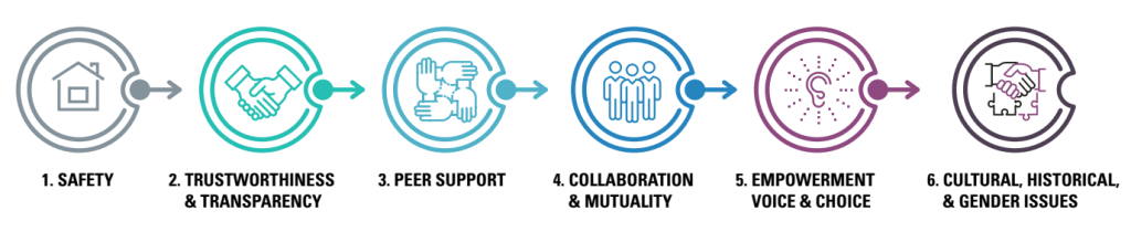 This image is derivative of “training_emergency_responders_final.jpg” by Centers for Disease Control and Prevention and in the Public Domain. Access for free at https://www.cdc.gov/cpr/infographics/6_principles_trauma_info.htm Image showing Core Principles of Trauma-Informed Care, with textual labels and decorative icons
