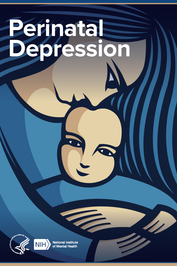 This image is derivative of “20-mh-8116-perinataldepression.pdf” by National Institute of Mental Health is licensed in the Public Domain. Access for free at https://www.nimh.nih.gov/health/publications/perinatal-depression. Illustration of a woman holding a young child, with words Perinatal Depression displayed at top