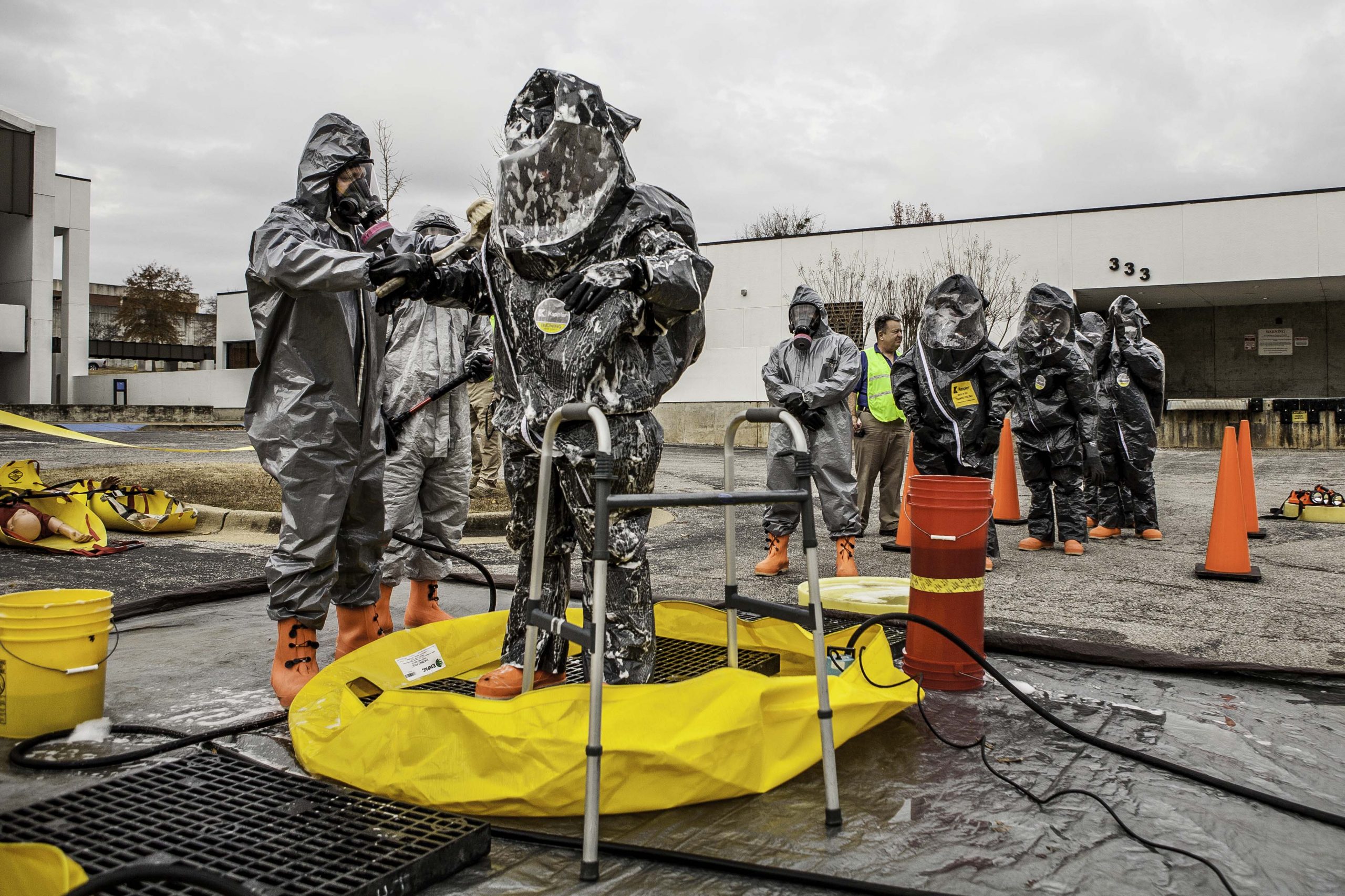 ”decontamination26.jpg” by Benjamin Crossley CDP/FEMA is in the Public Domain. Photo showing Decontamination process for emergency workers
