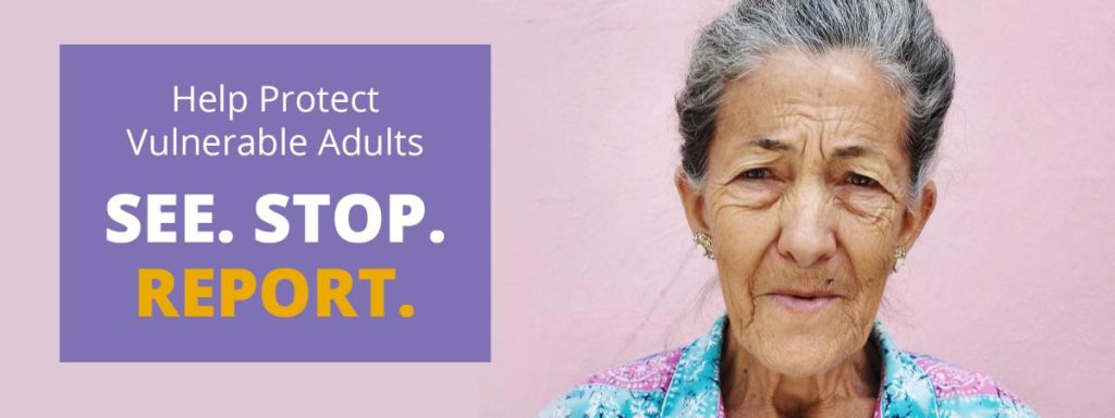”APS_header_3.jpg” by unknown author for Washington State Department of Social and Health Services is used under Fair Use Image of an awareness poster for Reporting Concerns About Vulnerable Adults, with image of elderly person