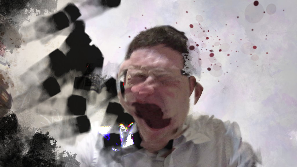 “A_subjective_impression_of_a_panic_attack.png” by Yitzilitt is licensed under CC BY-SA 4.0 Digitally altered photo showing a person having a panic attack
