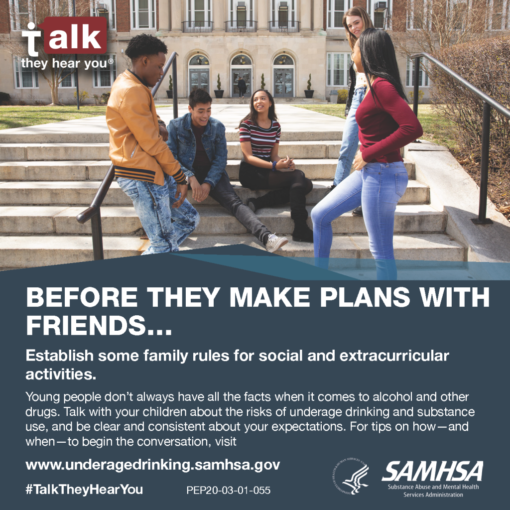 “TTHY-friends-square-2020” by Substance Abuse and Mental Health Services Administration (SAMHSA) is in the Public Domain. Image from “Talk. They Hear You” Campaign, showing teens sitting and standing in a group around an outdoor staircase