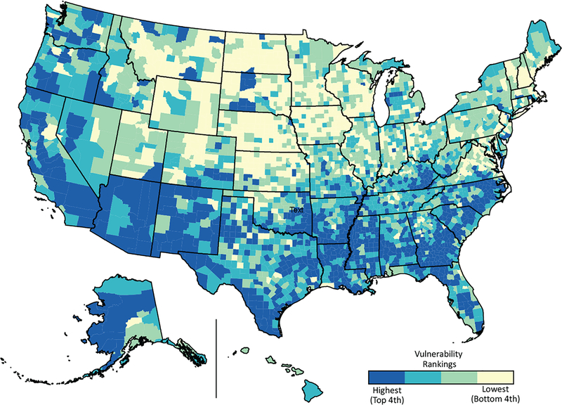 This image is derivative of Flanagan, B. E., Hallisey, E. J., Adams, E., & Lavery, A. (2018). Measuring Community Vulnerability to Natural and Anthropogenic Hazards: The Centers for Disease Control and Prevention's Social Vulnerability Index. Journal of environmental health, 80(10), 34–36. Access the report at https://www.ncbi.nlm.nih.gov/pmc/articles/PMC7179070/ Image showing an example of social vulnerability mapping of the United States