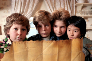 A group of 4 kids looking at treasure map