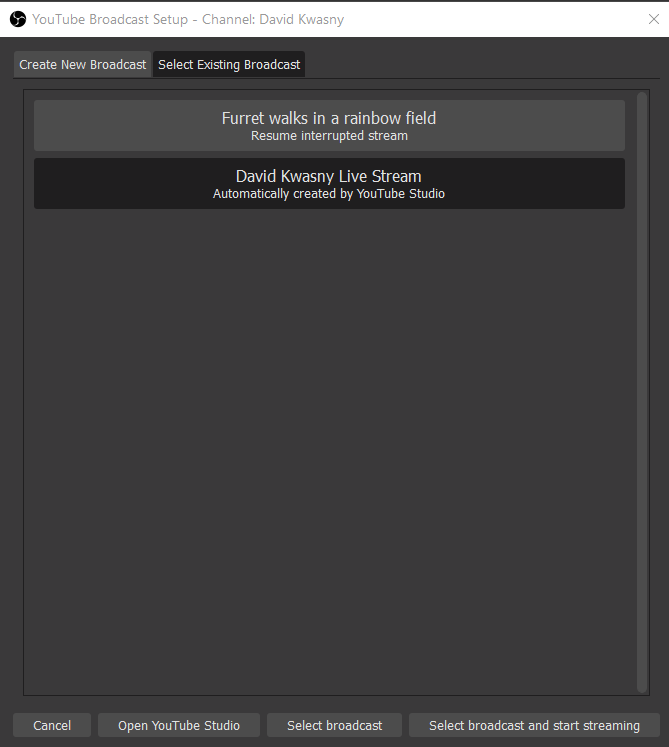 Select Existing Broadcast Window