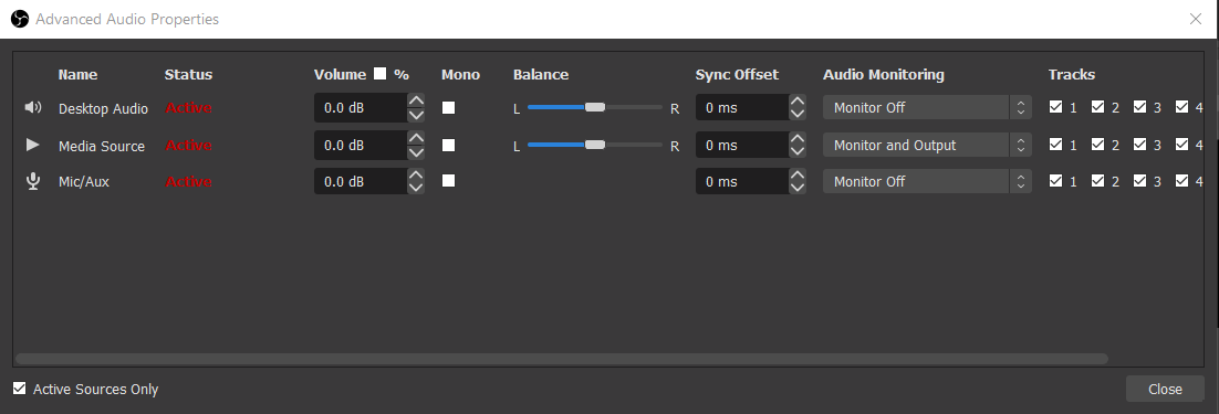 Advanced audio properties, media source set to "monitor and output"