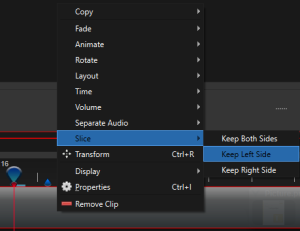 Slice menu options, Keep Both Sides, Keep Left/Right side, OpenShot