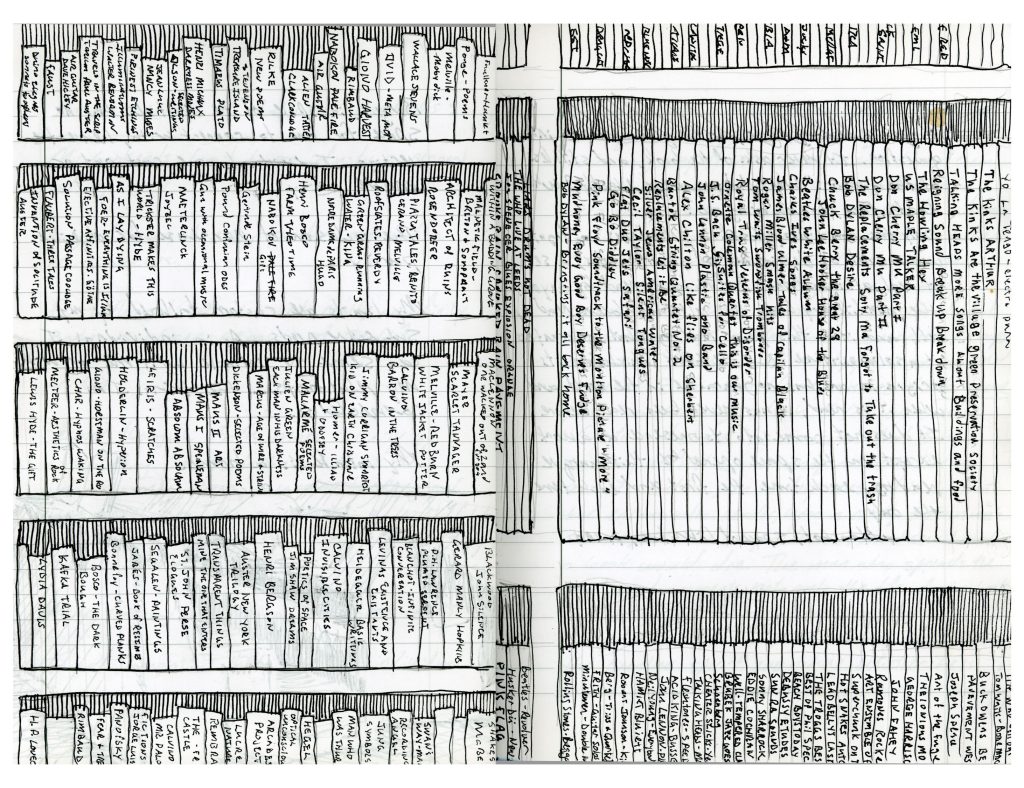 Diagrammatic outline drawing of book and music shelves showing numerous book spines (on the left side of the image) and record (or perhaps CD) spines on the right. On each is written the name and title of various works.